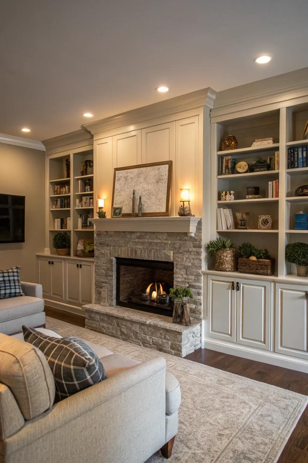 Enclosed cabinets offer hidden storage in the shelving unit.
