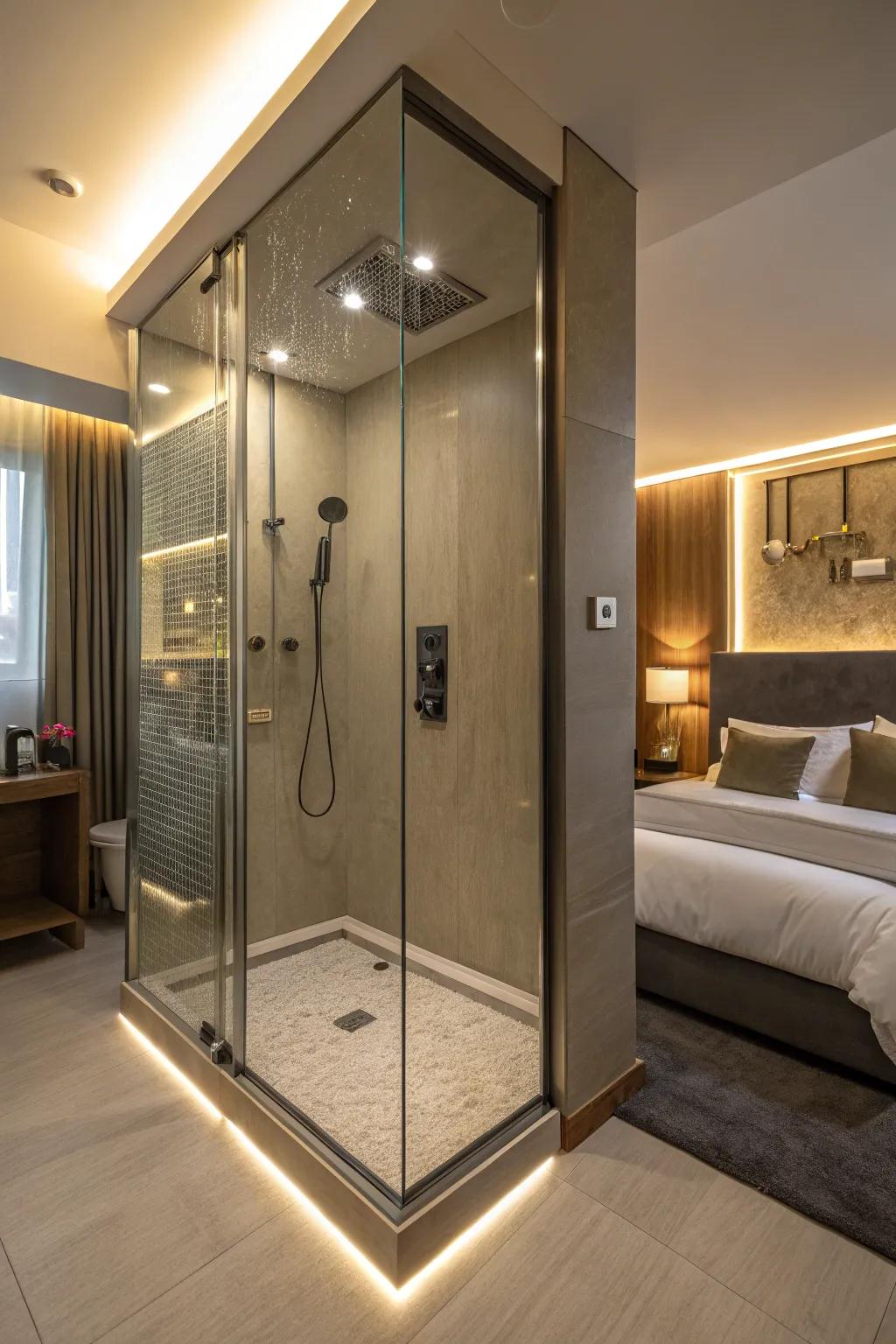 Integrated illumination elevates the mood and characteristics of the showering area.