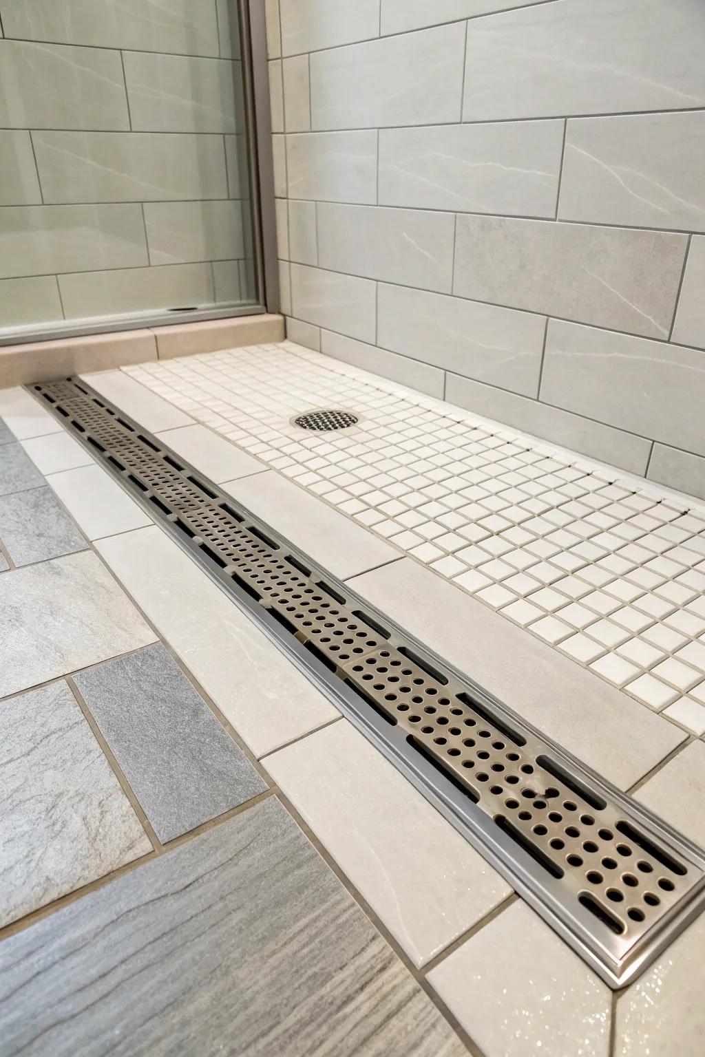 A chic straight drain fluently placed into a current tile design on the shower space.