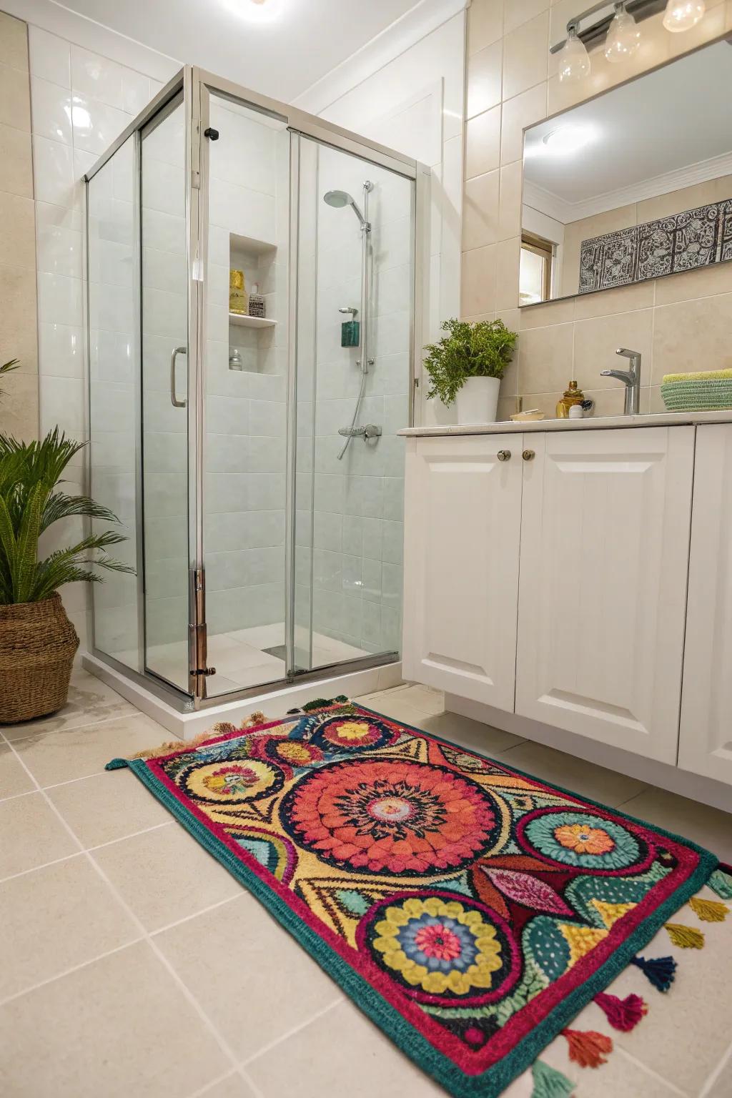 A vibrant textile adding color and warmth to the shower vicinity.