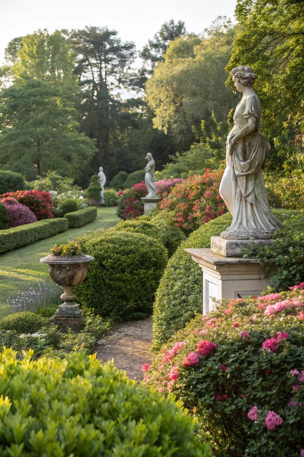Artistic sculptures function as compelling focal points within the garden.