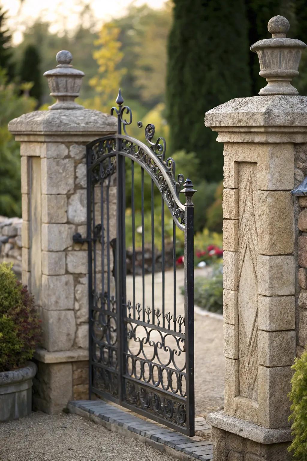 A stone and iron gate harmonizing robustness with panache.