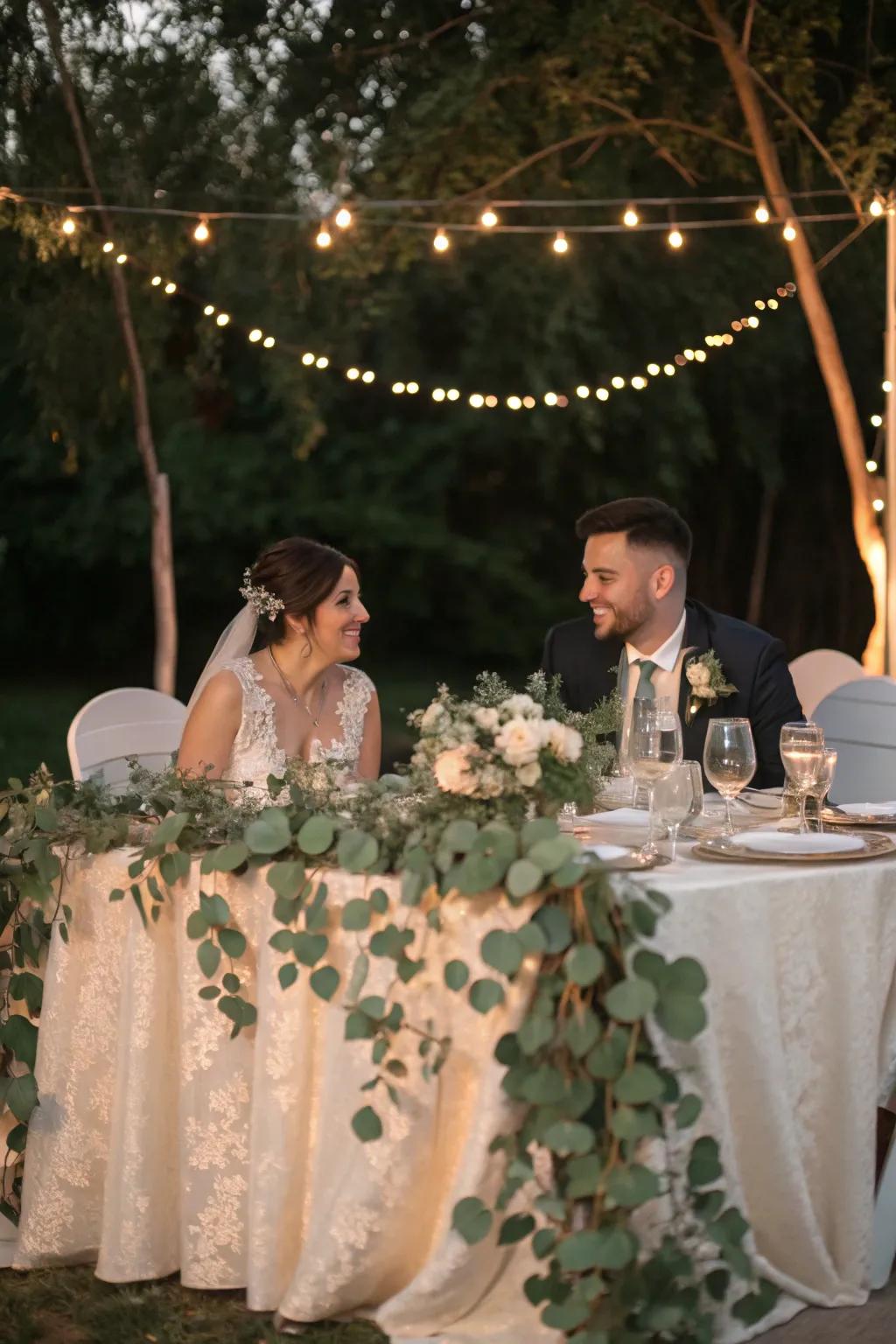 A bride and groom table ornamented with eucalyptus embellishments.