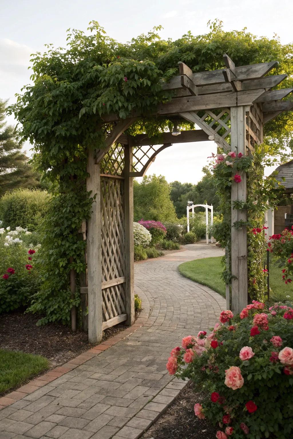 An arbor entices you into a exquisitely conceived peripheral yard.
