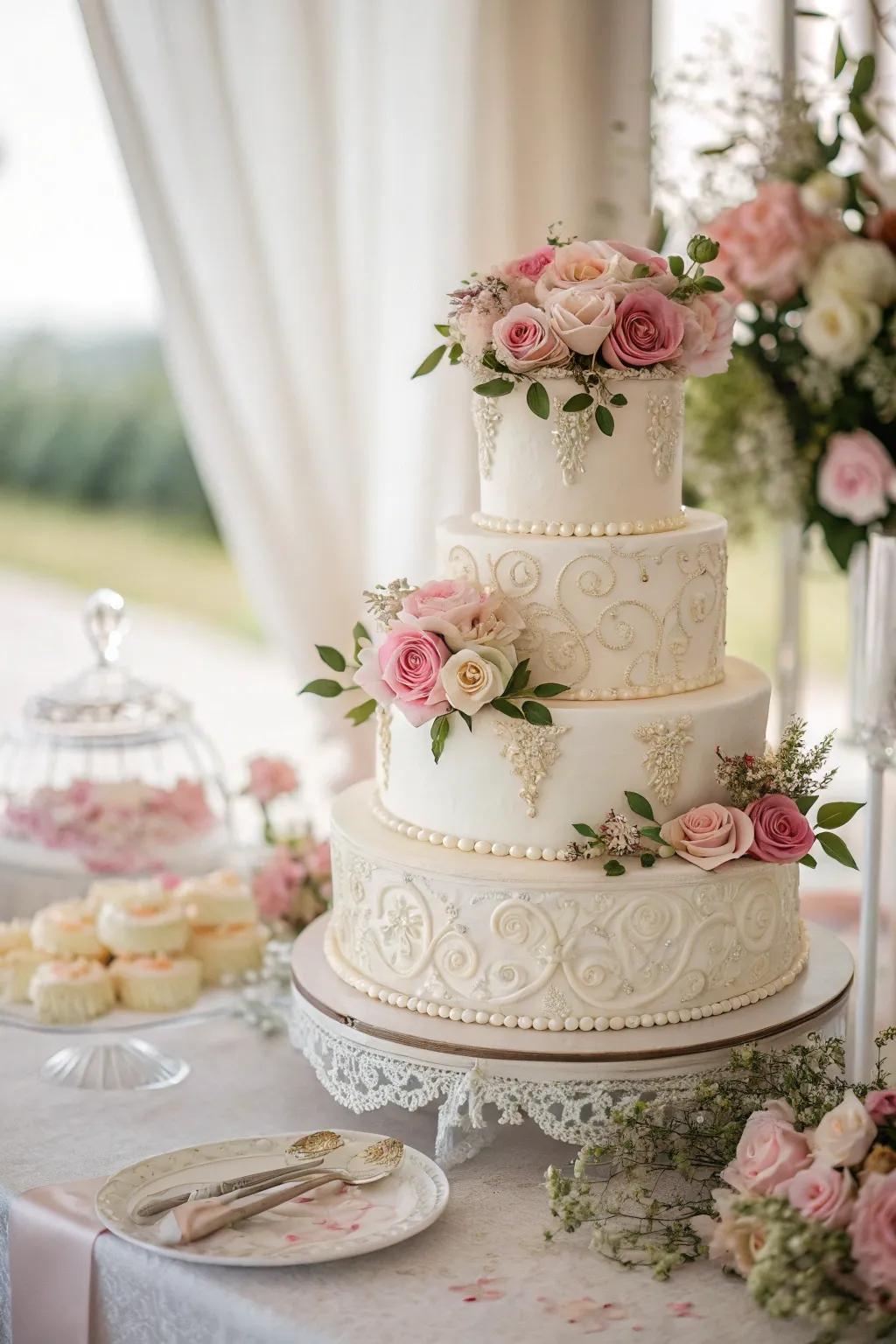 Romantic botanical accents on a simple cake.