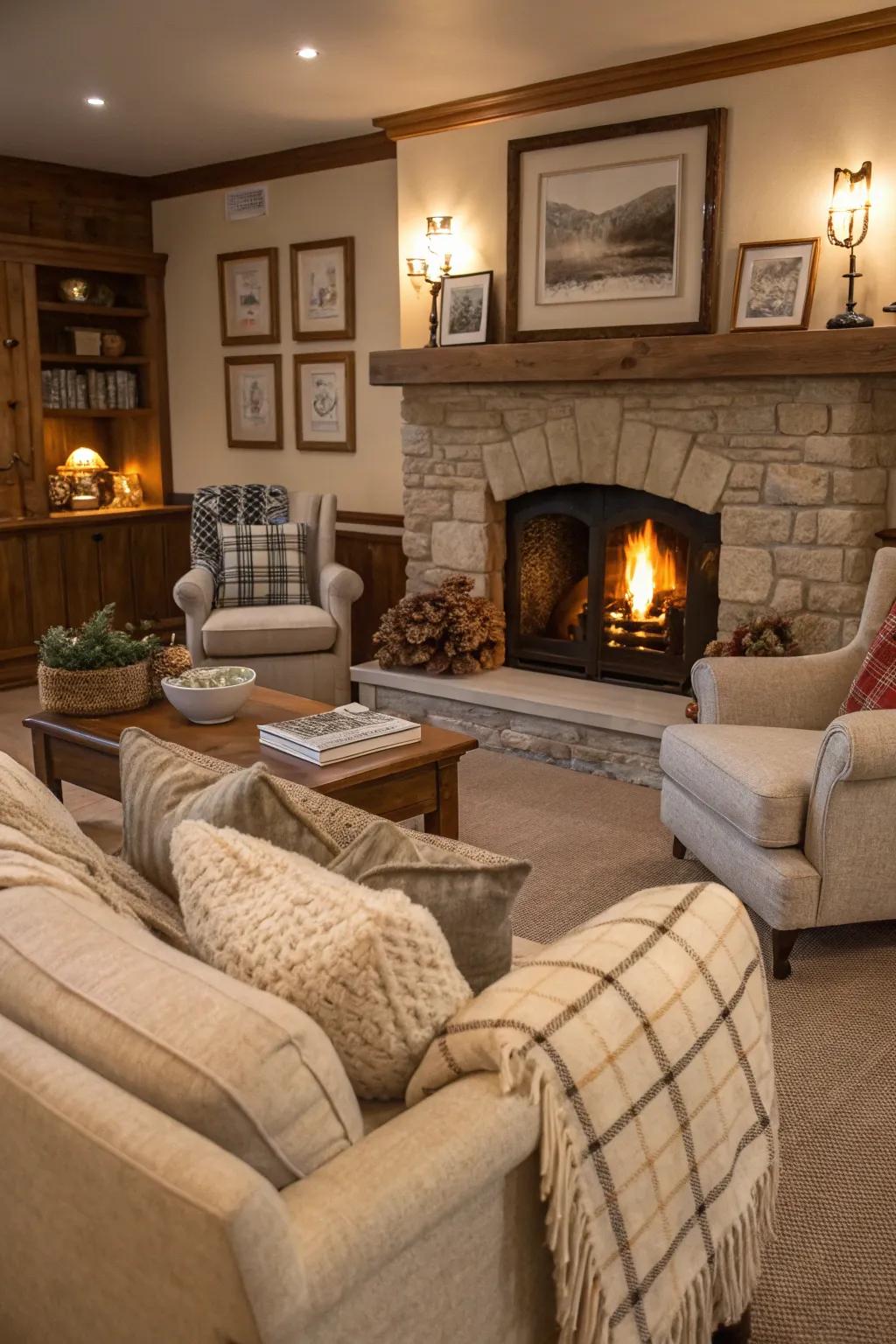 A fireplace-centered layout for cozy gatherings.