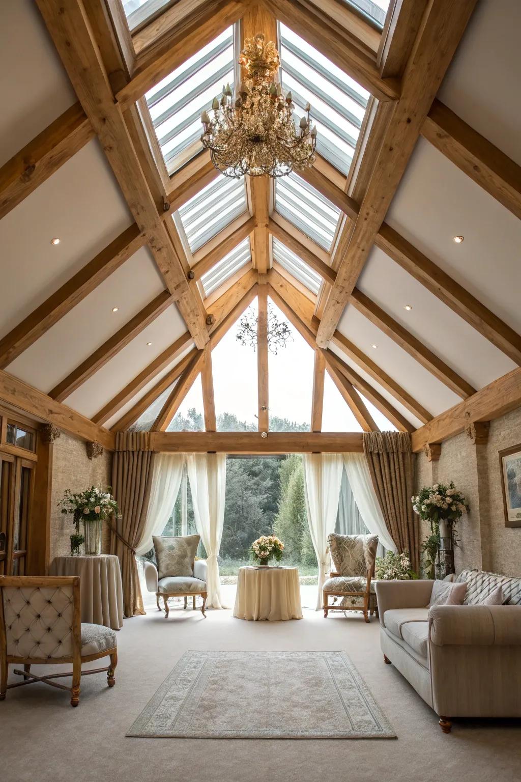 An area featuring a vaulted ceiling consistently integrating a skylight.