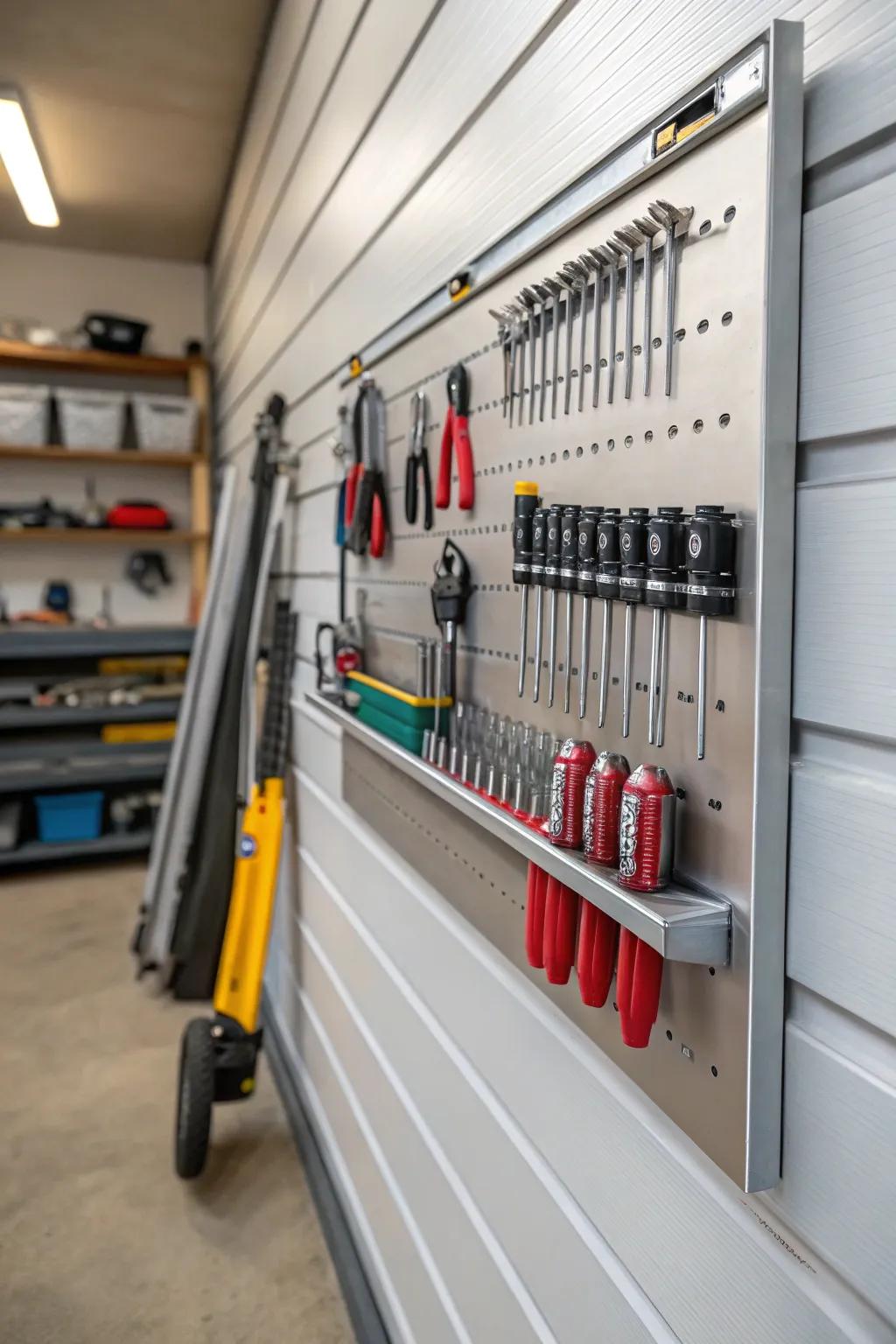 A magnetic tool strip on the slatwall keeps tools reachable.