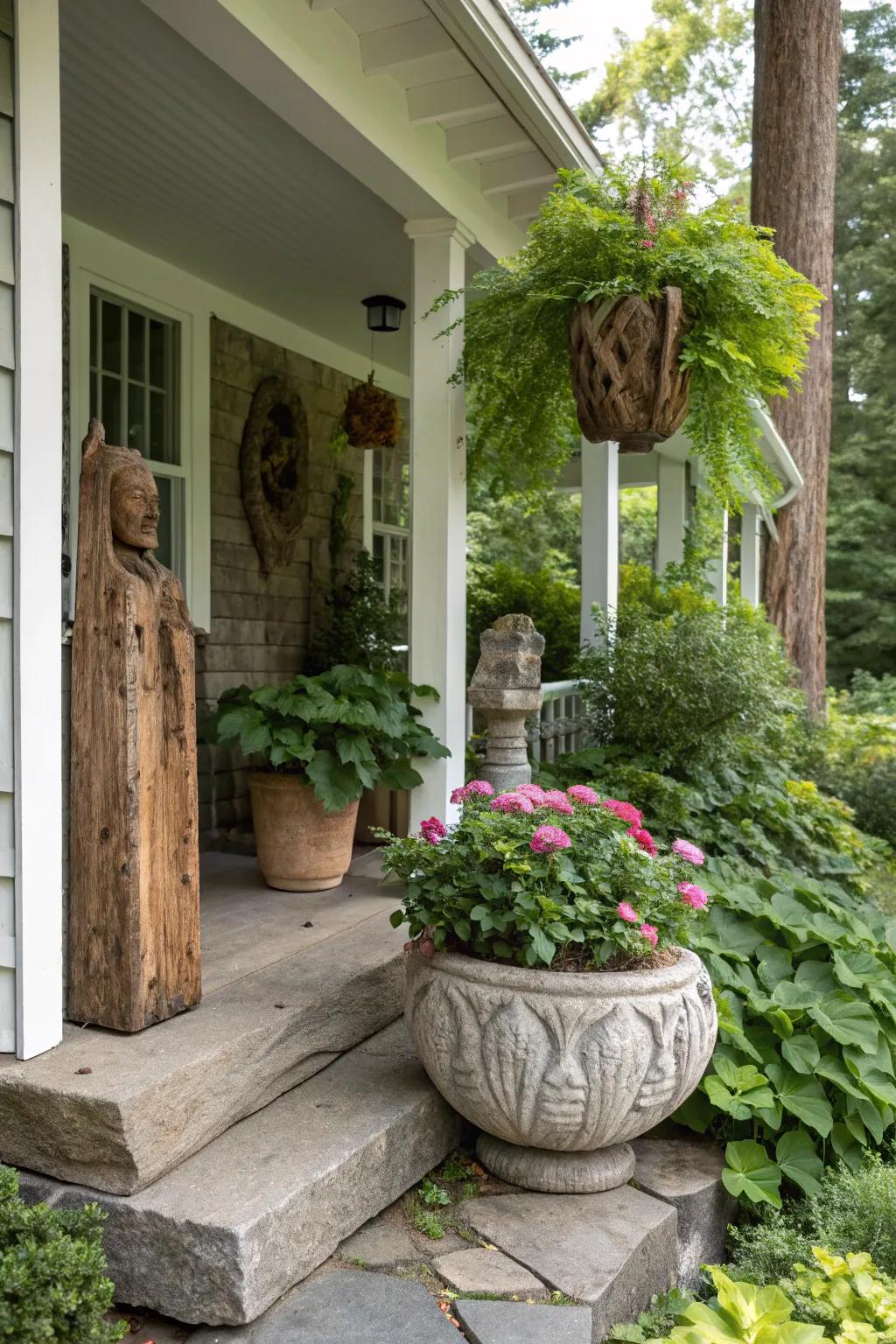 Nature-inspired adornment introduces an organic touch to a modest veranda.