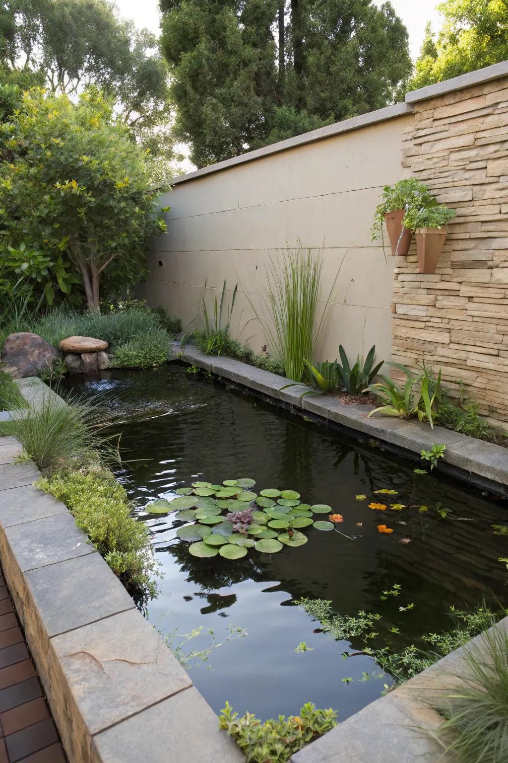 An elevated pond provides an innovative, space-efficient garden feature.