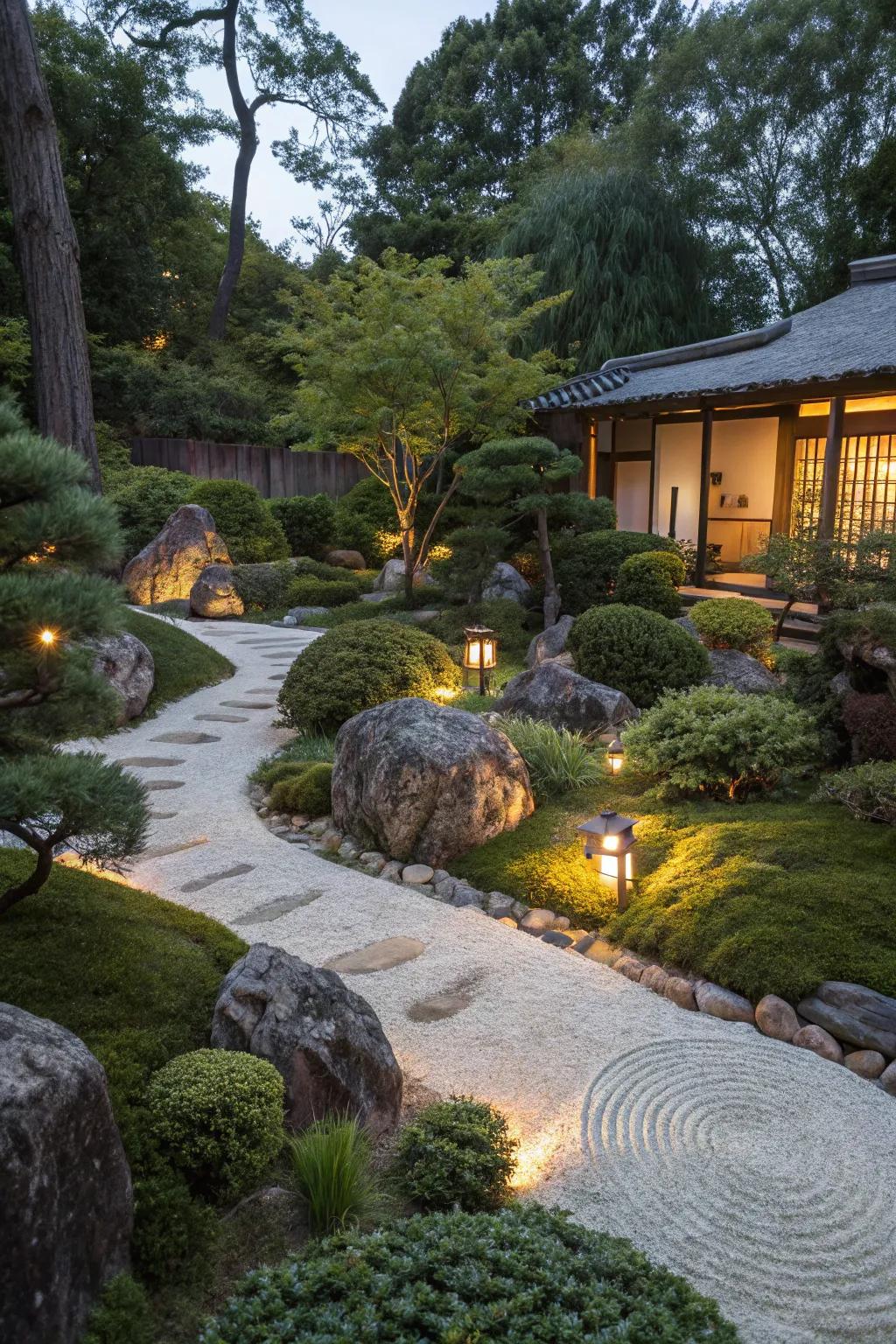 A zen garden illuminated by soft solar lights, showcasing verdant plants and walkways.