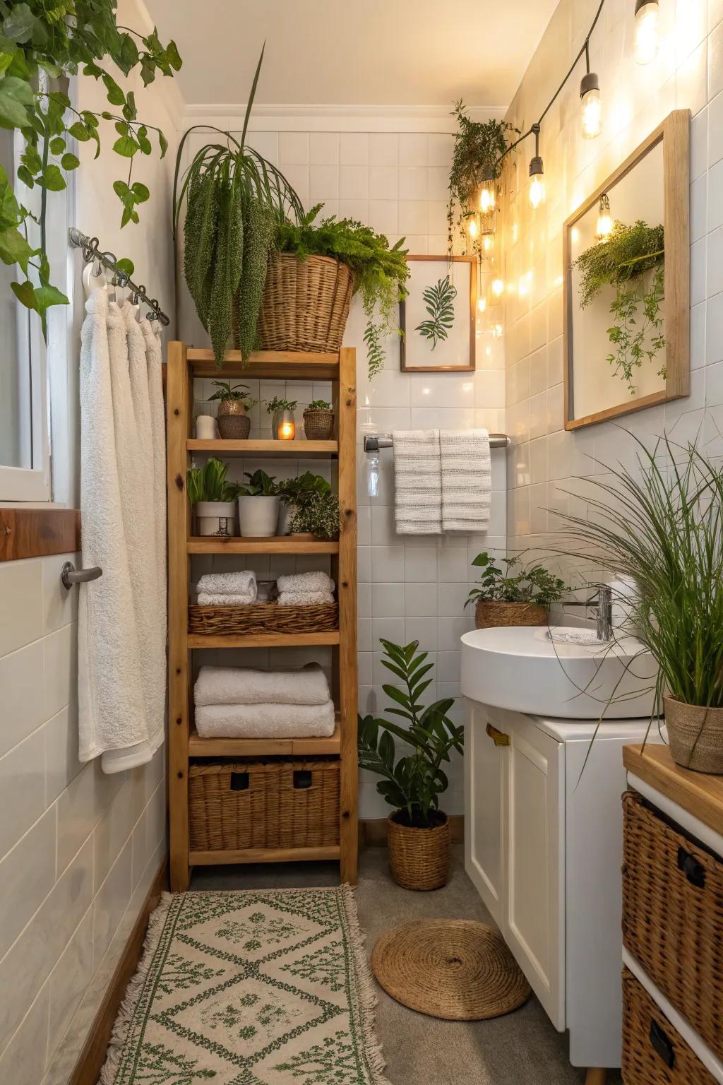 Add a refreshing touch to towel storage areas with plants.