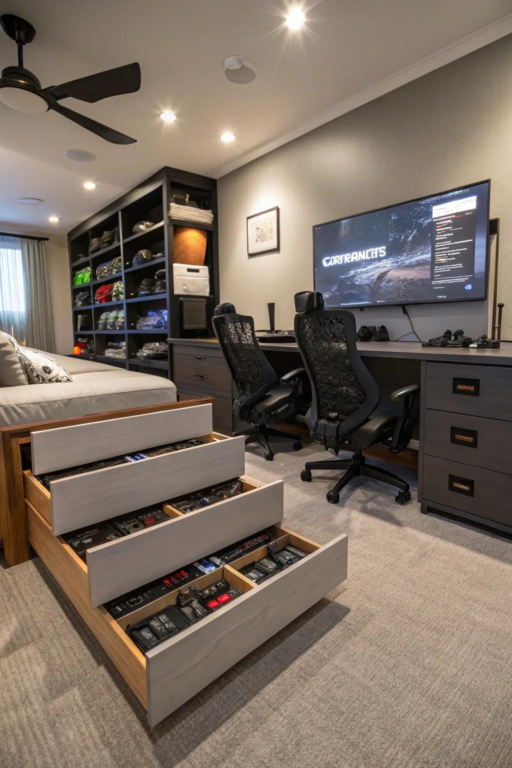 Effective storage helps keep your gaming room functional and organized.