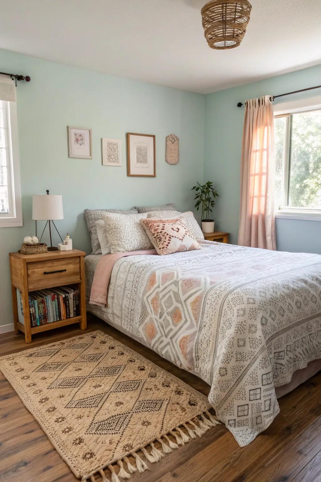 A minimalist approach maintains the small boho bedroom snug and uncluttered