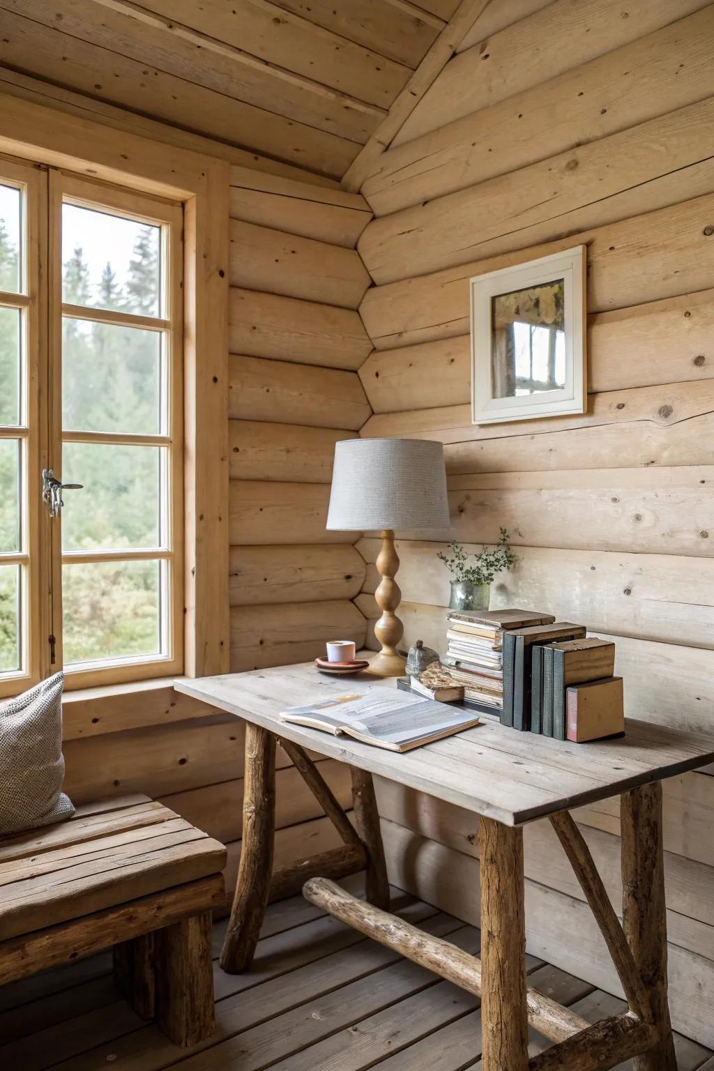 A cabin exhibiting a minimalistic approach, highlighted through tidy lines and streamlined decor.