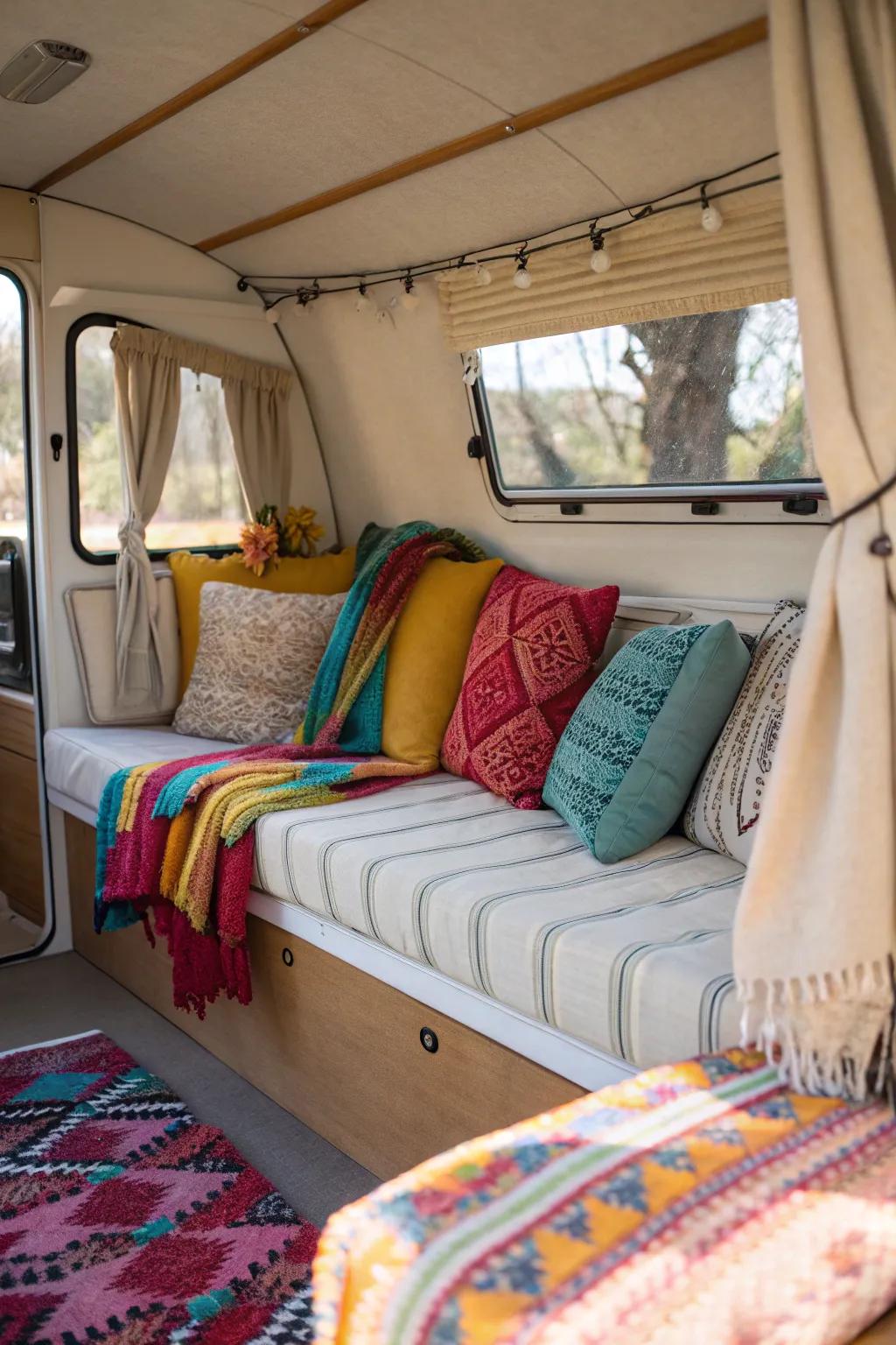 Colorful textiles inside a camper bring comfort and vibrancy to the area.