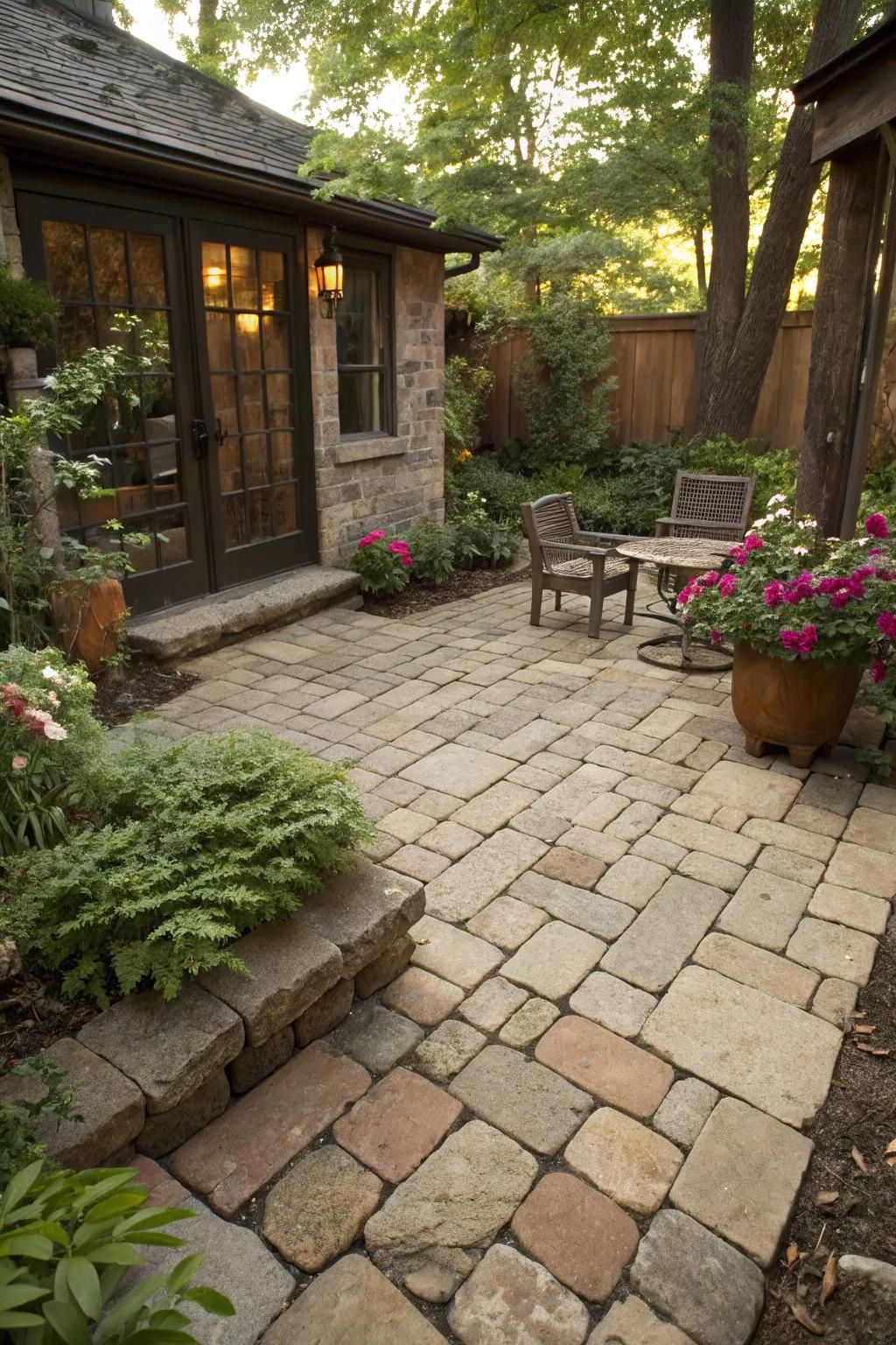 Repurposed materials impart unique character to patio layouts.