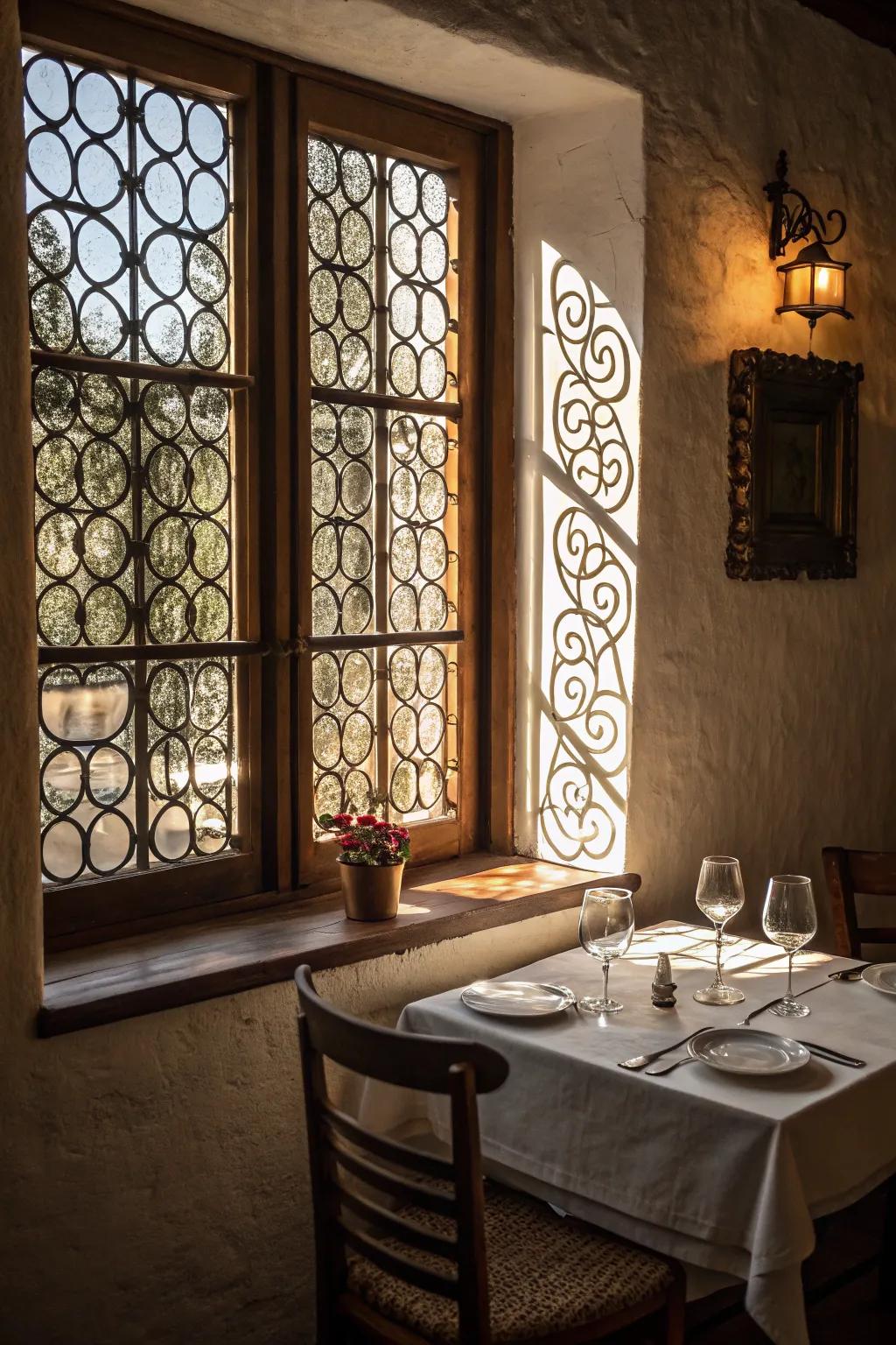 Patterned grilles add unique decorative flair to the window.