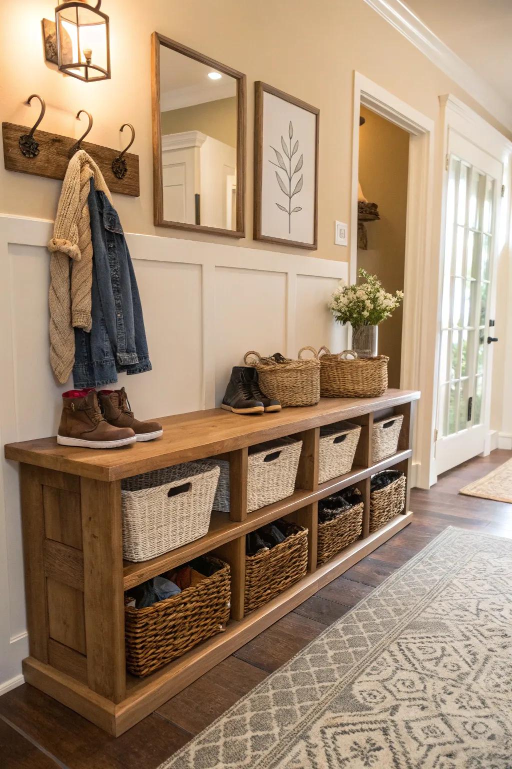 Decorative baskets offer casual and organized footwear storage.