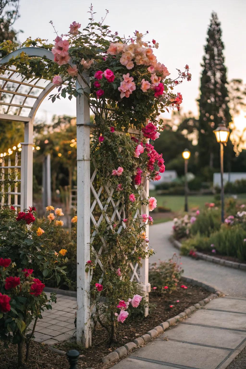A petite flower bed enhanced by an arbor adorned with ascending blossoms.