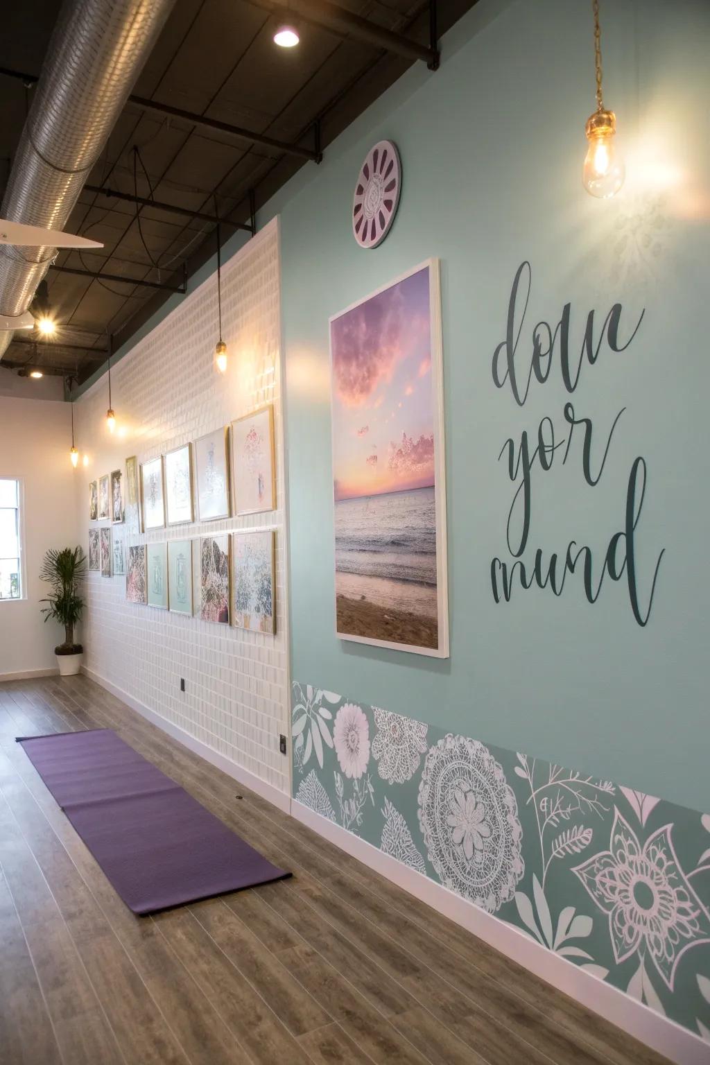 Inspirational wall decor in a yoga room.