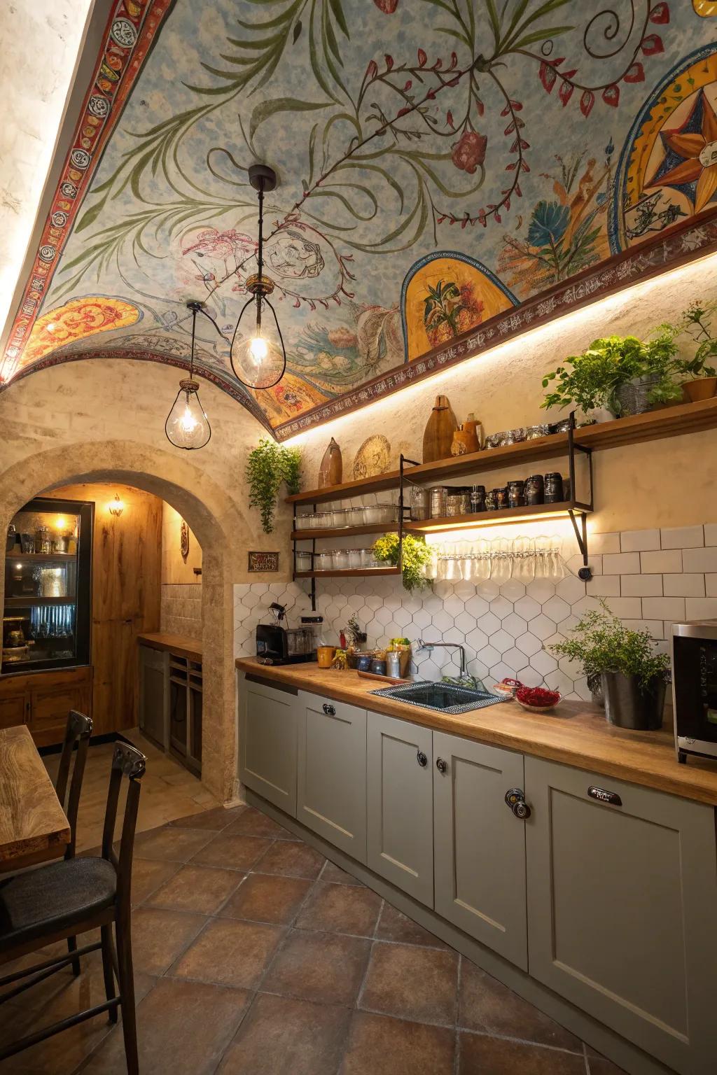 Upper space murals add character and artistic flair to smaller kitchens.