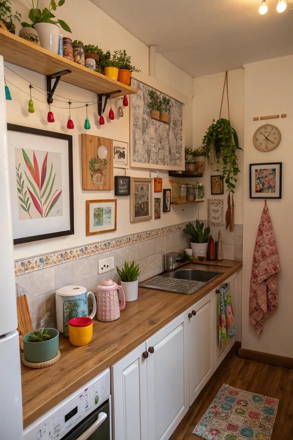 Individualized touches infuse warmth and character to this smaller cooking space.
