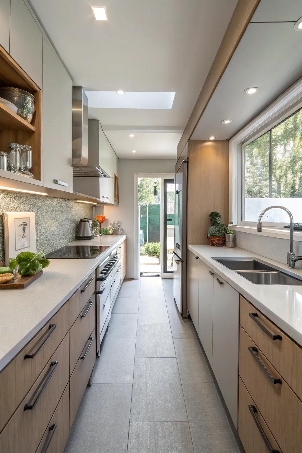 Galley layouts maximize space in compact kitchens.