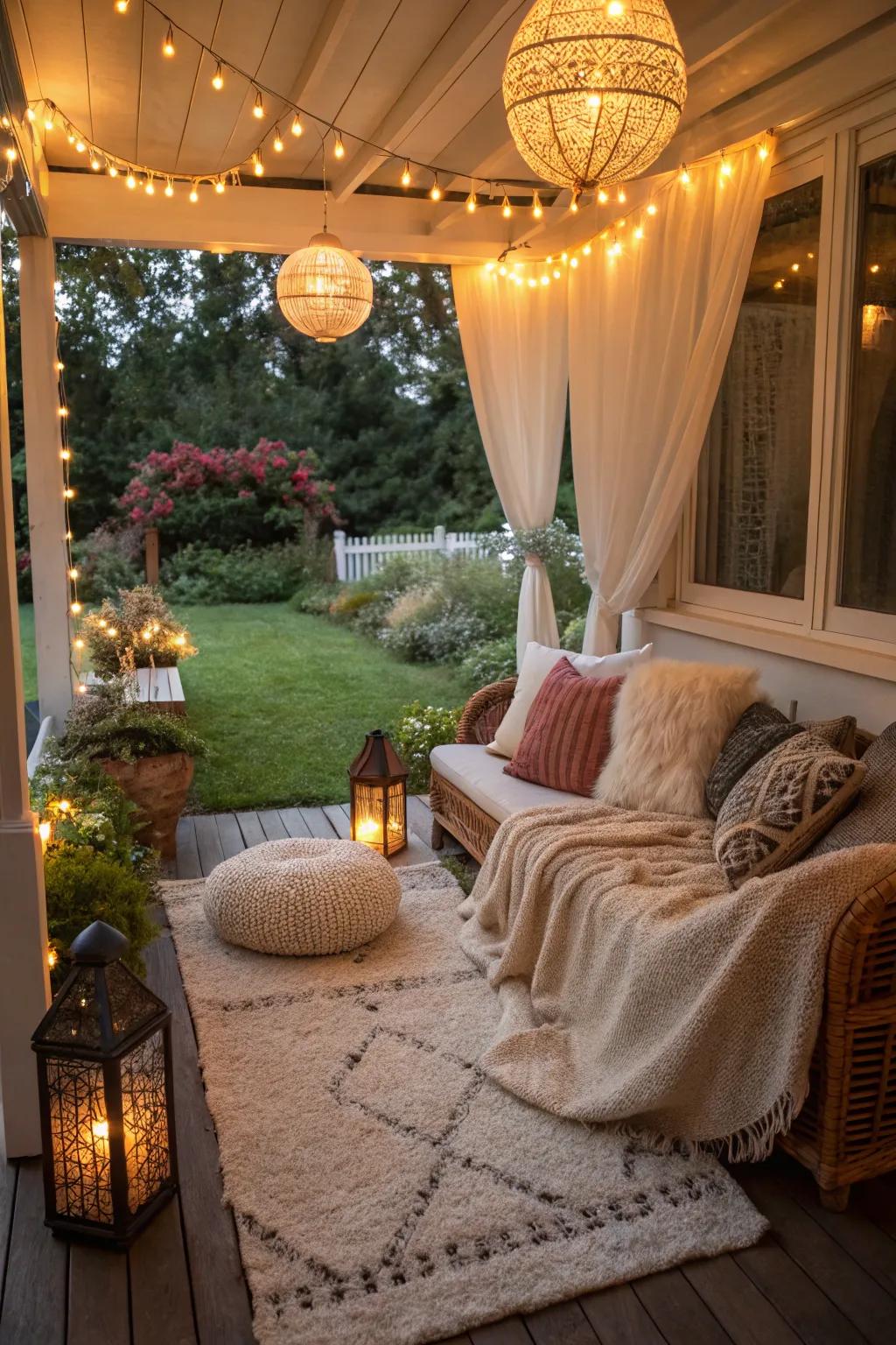 Reimagine your lanai into a cozy haven through soft textures and gentle illumination.