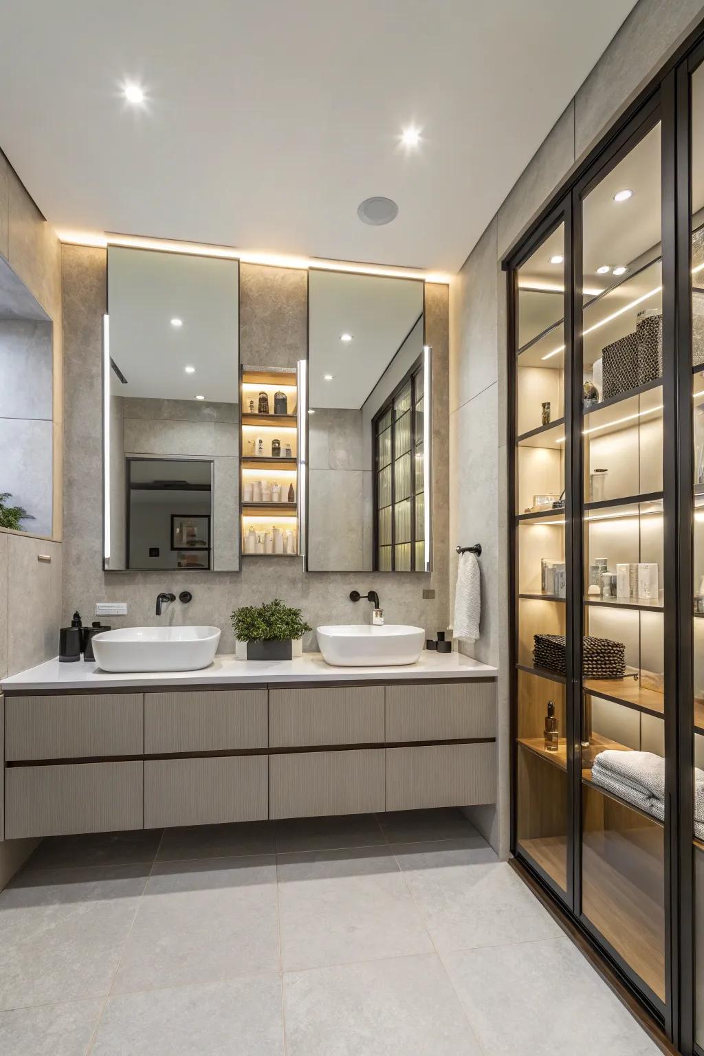 Elegant storage maintains a tidy and luxurious bathroom.