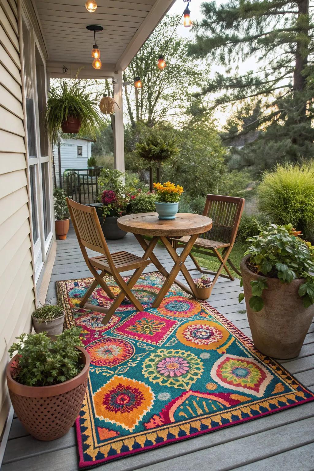 A vibrant rug harmonizes the elements of a small patio.