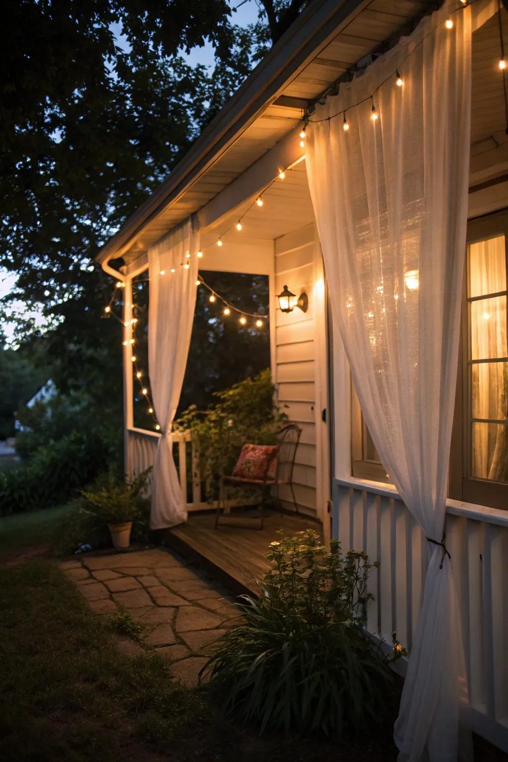 Festoon lights paired with sheer draperies fashion a magical nighttime retreat.