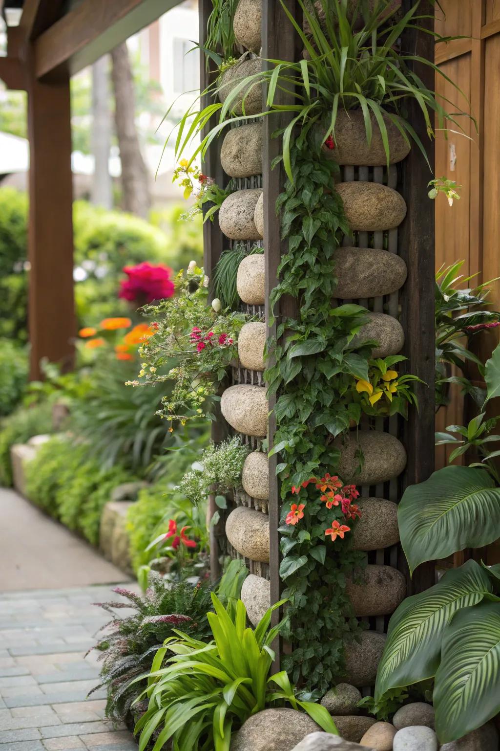 An innovative vertical garden bolstered by ornamental rocks.