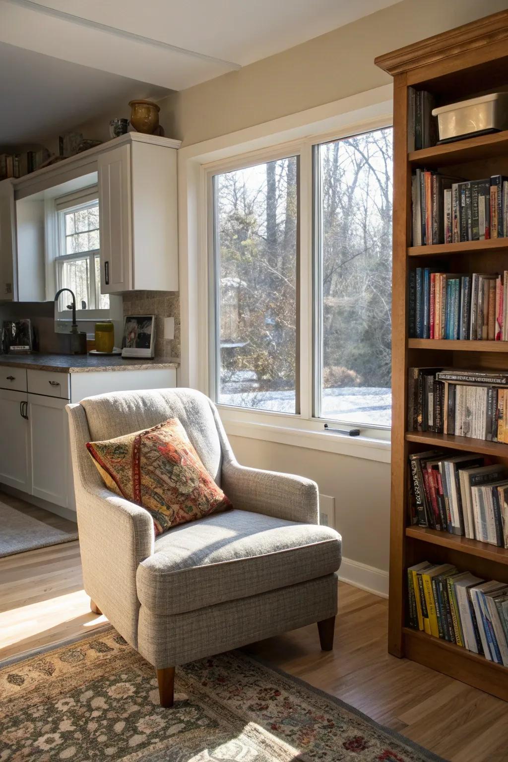A reading nook provides a tranquil retreat.