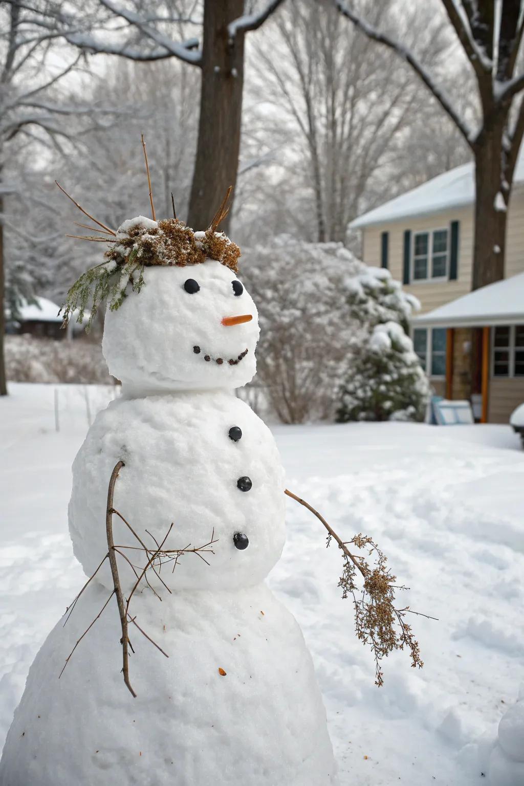 A snow figure flaunting a singular coiffure fashioned from nature.