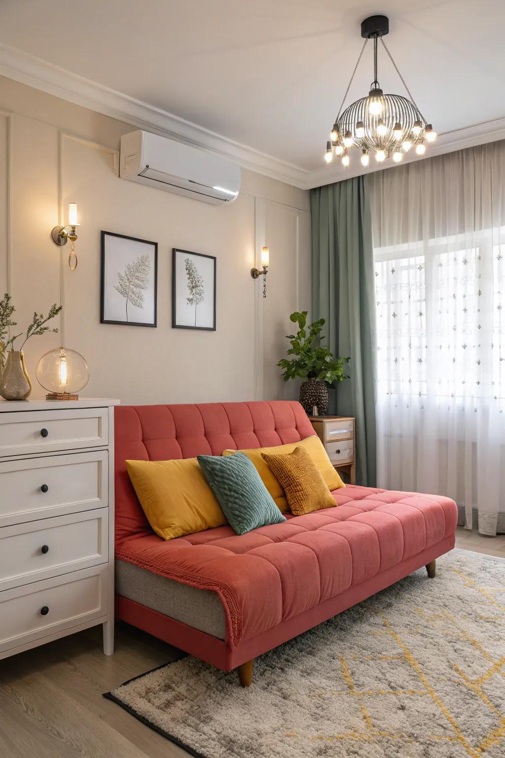 A statement convertible couch can define the room's aesthetic.