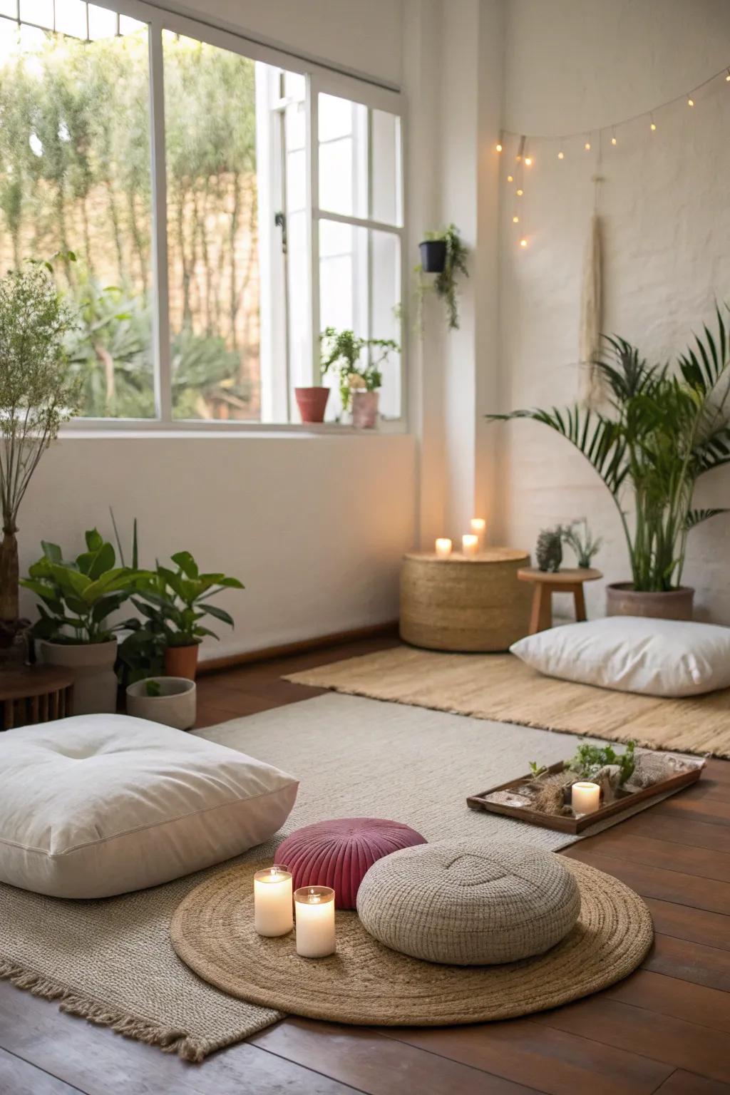 A meditation corner offers a peaceful retreat for the mind.