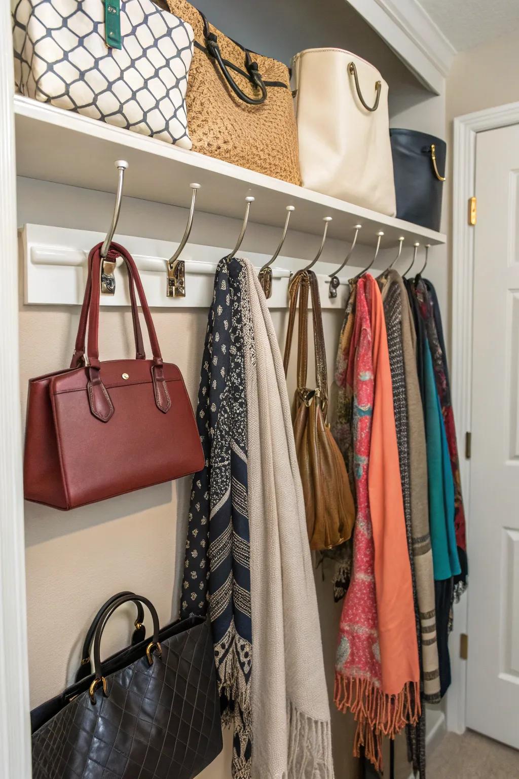Hooks efficiently utilize wall area for arranging accessories such as bags and scarves.