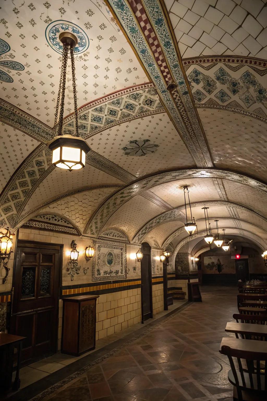 Intricate tiled ceilings infuse vintage elegance into your speakeasy.