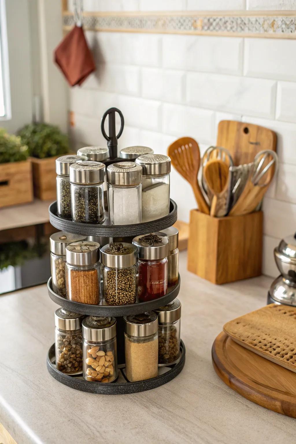 A classic carousel presents spices ready for selection.