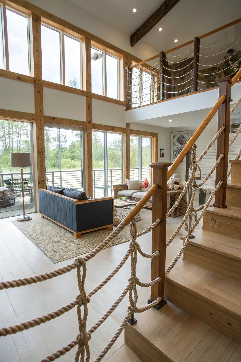 Unique rope railings adding an organic touch to a split-level home.