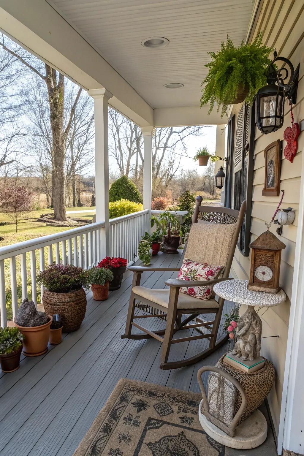 Unique ornamental pieces contribute distinctiveness and allure to your springtime veranda.