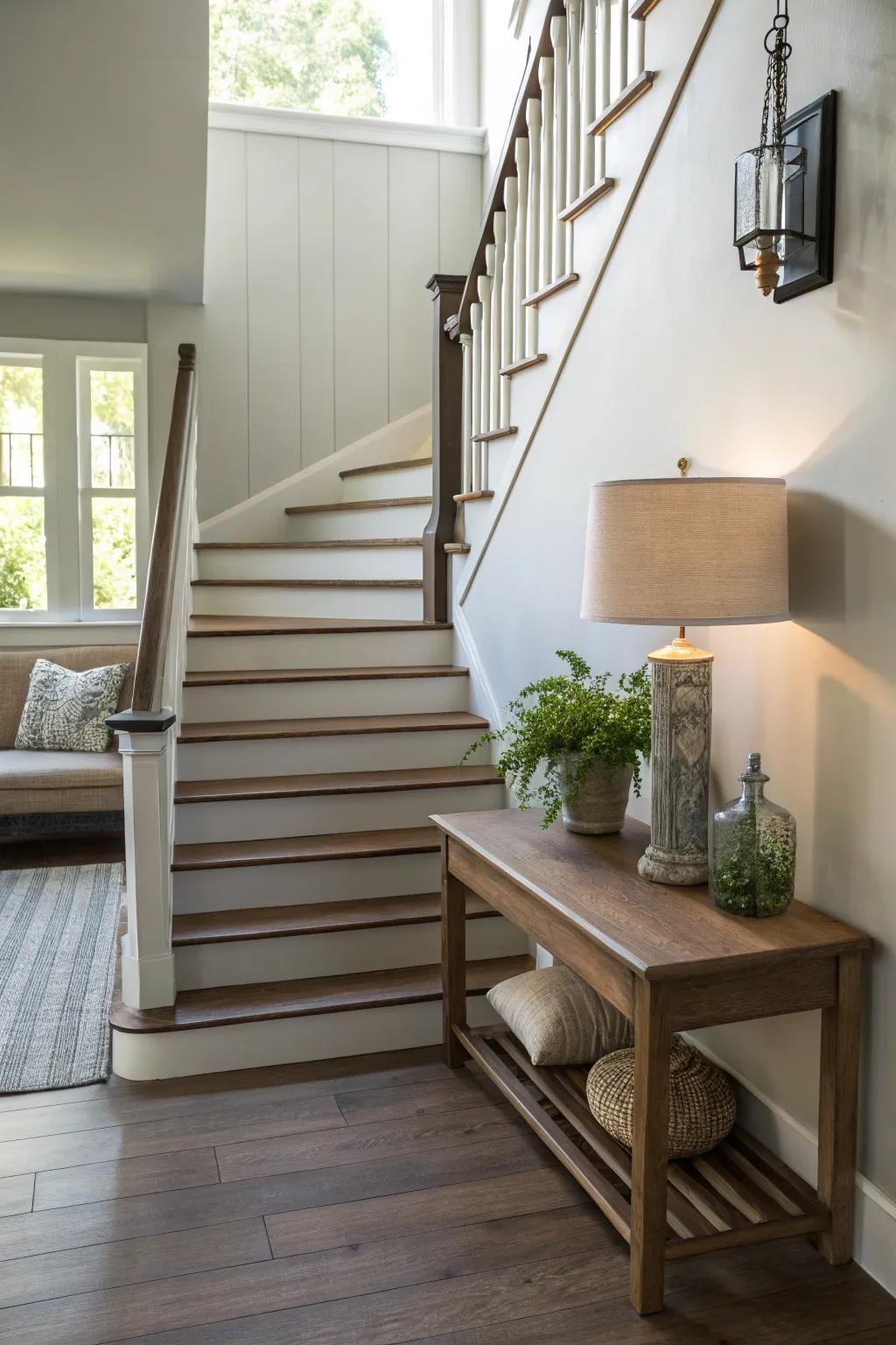 Combine design and function with furniture at the bottom of the staircase.