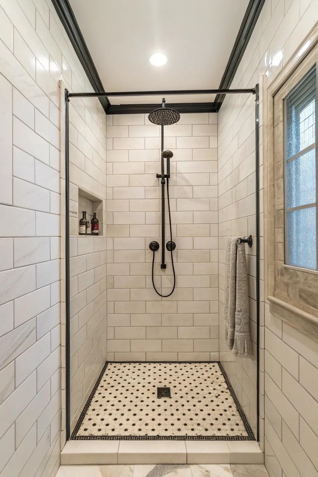Floor-to-ceiling tiles offer a unified and elegant shower design.