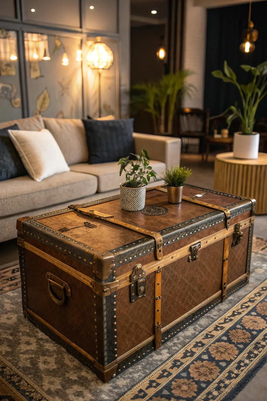 Steamer trunks function as charming storage alternatives within a steampunk chamber.