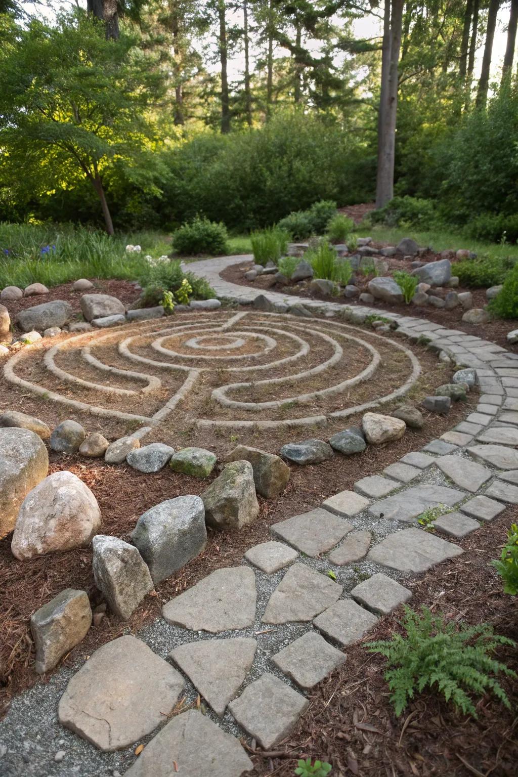 Incorporate a hint of playfulness with a stone and mulch maze.