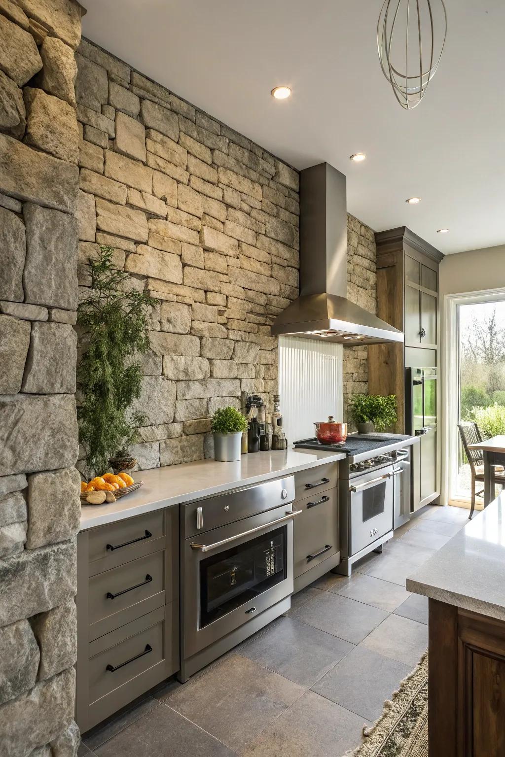 A contemporary culinary space enhanced by a rustic stone wall.
