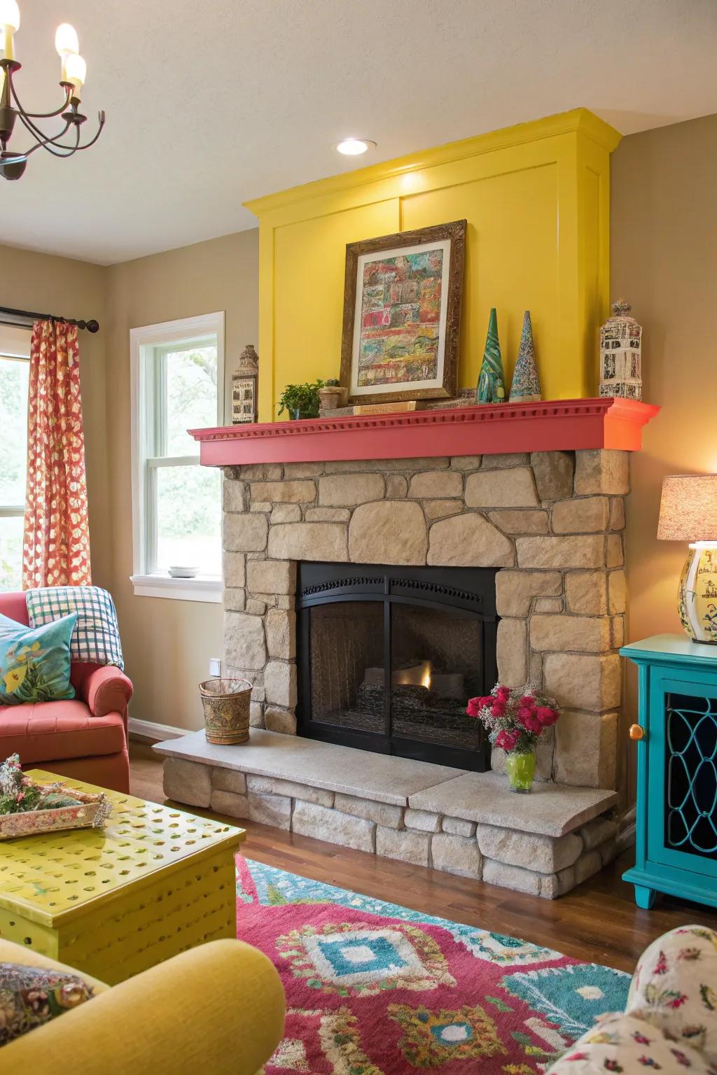 A vibrant area showcasing a stone fireplace detailed with a radiantly painted mantel.