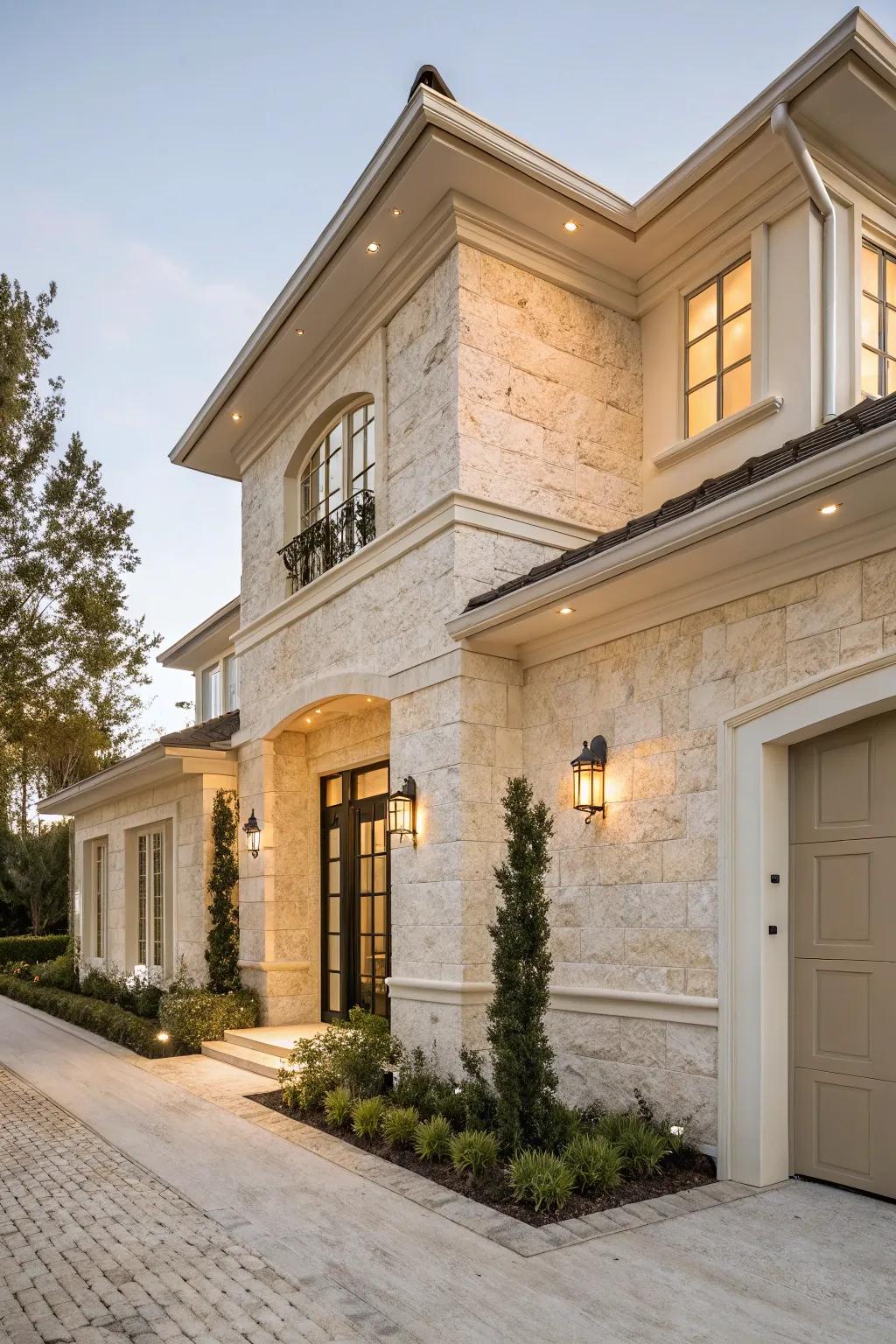 An exquisite house featuring a light ivory stone facade.