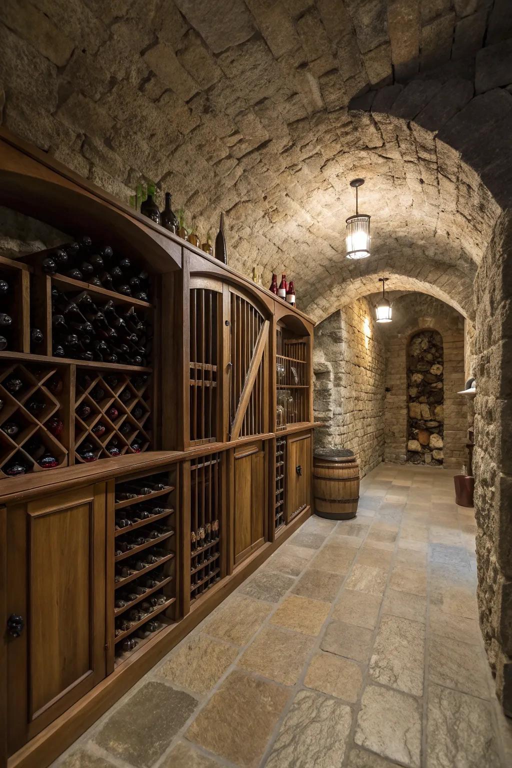 A vinification cellar exuding old-world charm with stone walls.